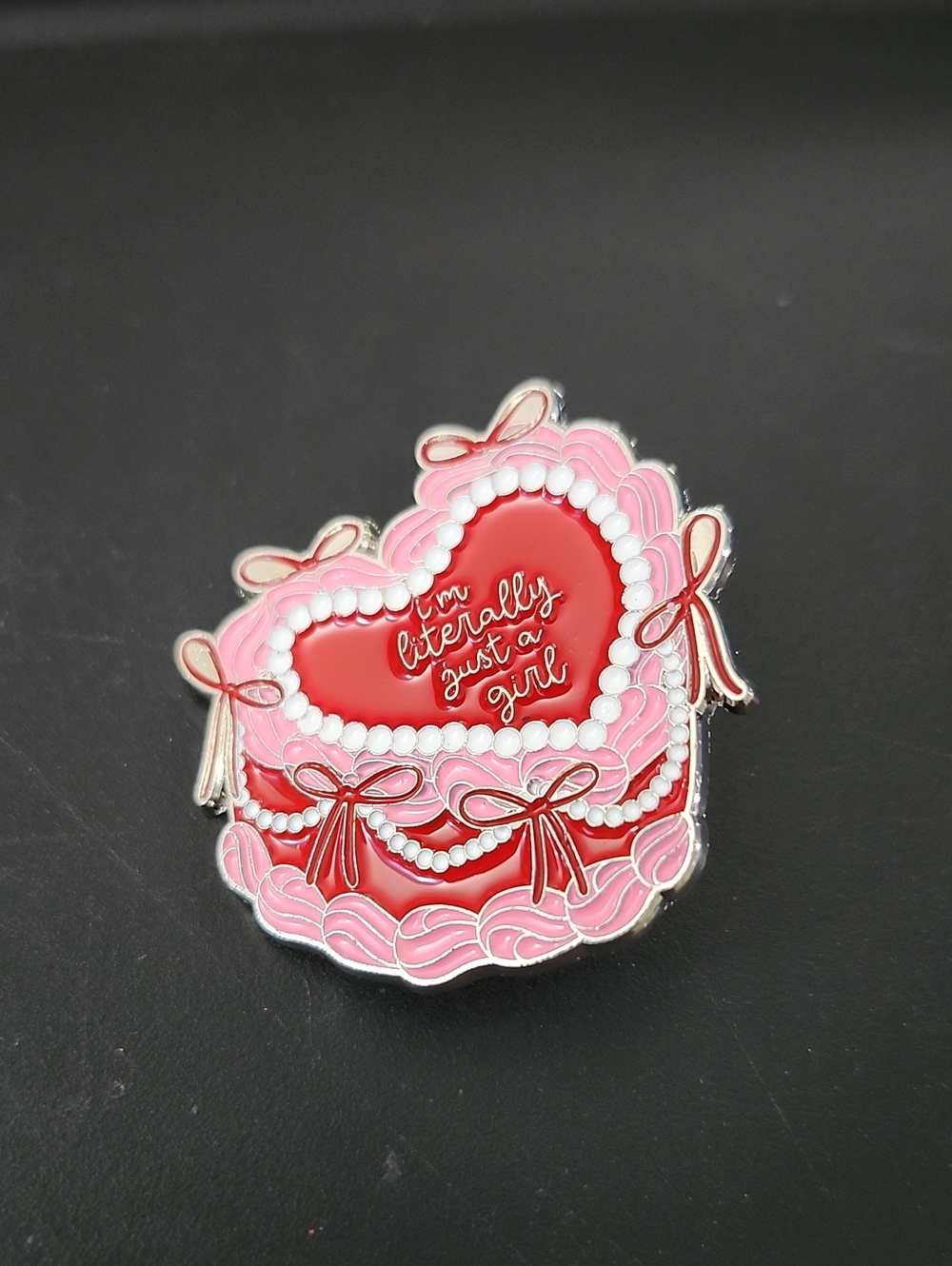 Literally Just A Girl Heart Cake Enamel Pin in Red & Pink